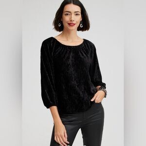 Chico’s Textured Velvet Blouson Sleeve Top Size 3 US XL  Crew Neck Tee Color BLK